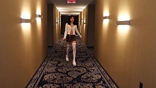 Adorable petite brunette is getting banged in a hotel room