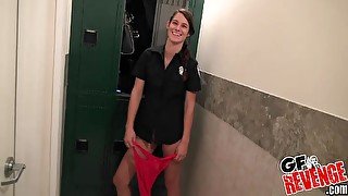 Brunette officer Tyler Michaels fucked in a bathroom in uniform