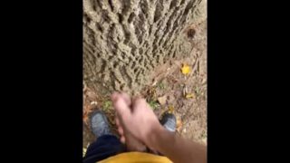 Teen jerks off behind a tree and cums in it