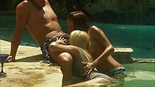 Pool sex threesome with wife