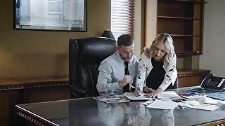 Blonde secretary is fucked in face and pussy by a horny boss