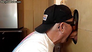 Moustache gray DILF sucking off hard gloryhole shaft