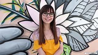 Cute babe Shae Celestine with glasses fucked in her holes in POV