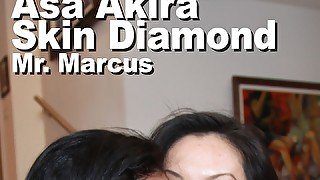 Asa Akira & Skin Diamond & Mr. Marcus double blowjob snowballing creampie