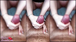 Sexy teen oil passionate handjob big cock - closeup