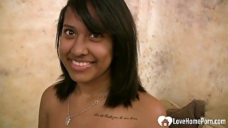 Seductive dark hair Indian teen blowing male pole