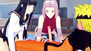 Naruto fuck Hinata and Sakura tight pussy threesome creampied