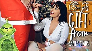 merry christmas - naughty Santa Claus gives teen Creamy in Mouth for xmas