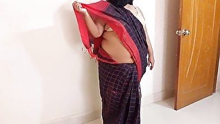 Sexy MILF stepmom takes off saree & bra for fuck with Dad, when stepson saw & gets Hot Then fuck her