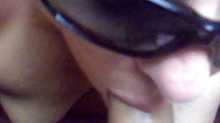 Blonde party slut in sunglasses deepthroats my shaved cock with joy