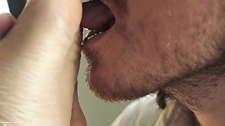 Footjob! He licked my foot and powerful cum 2 times - Mia Fire