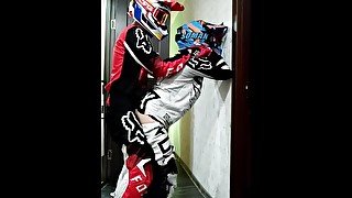 Motorcyclist fucks a guy in a motocross outfit and MXHelmet