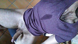 Horny guy jerks off and makes a mess all over his shirt AGAIN