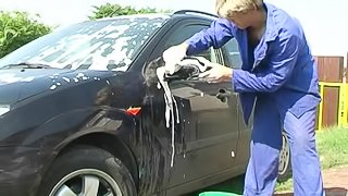 A lucky guy washes a car and ends up fucking a hot chick on the hood