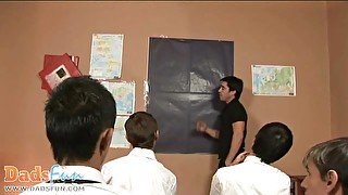 Cute twink students team up to blow their teacher