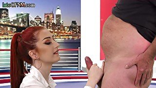 CFNM redhead British babe sucks cock in live TV show