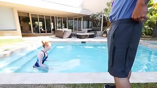 Gorgeous ginger girl lets the guy bonk her right there by the pool