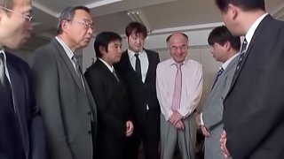 Busty Asian slut gets gang banged by horny businessmen