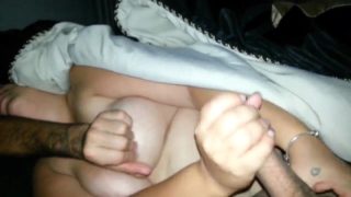 Jerking my cock wife, cumming on her tits