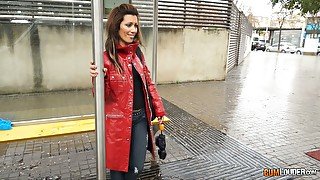 Sizzling hot lady gets picked up on the bus stop during rainy day