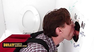 Bully Him - Innocent Geeky Boy Wraps His Puffy Lips Around Thick Cock Coming Out Of A Glory Hole