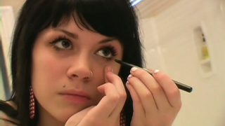 Cute brunette teen gets prettied up with make up before clubbing