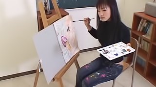 Artistic Asian girl paints his body then sucks his cock