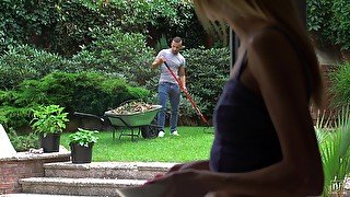 Spying on her sexy gardener leads to some steamy sex