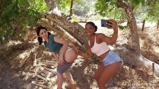 Outdoor lesbian foreplay with sexy Lala Ivey and Kylie Rocket