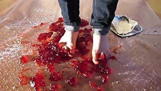 Crushing Jello and fruit barefoot