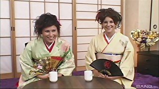 Sexy chick in kimono likes rough group sex more than anything else