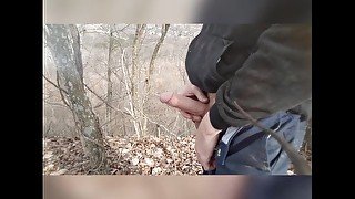 Pissing and stroking on cliff overlooking neighborhood, outdoor nature fun