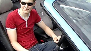 Hot UK twink Jason R wank off in the car on the side road