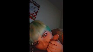 Green hair girl sucks cock