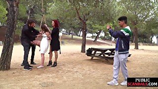 BDSM whipped teen 18+ deepthroats big cocks outdoor in public