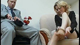 Boss penetrates secretary and cums in her pantyhose