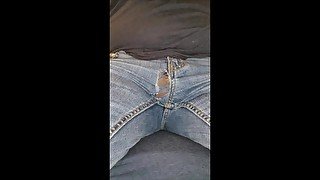 ripped jeans cock peeking out and drooling pre-cum, gets jerked off to a thick gooey cumshot