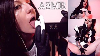 ASMR Mandy Ear Licking and Orgasm - Soft Rosie ASMR - Ear Eating / Dildo Fucking Latex Gloves Fetish