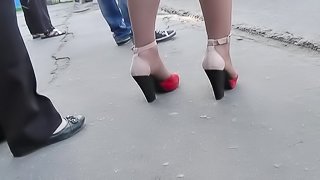 Horny voyeur upskirts in public