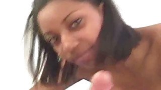 Ebony slut rubbing her pussy over hard dick of a cameraman