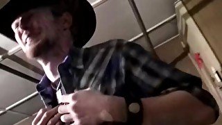 Cowboy pisses in his own mouth and jerks off with his friend