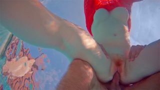 Ginger Girl in Long Red Dress Gets Hairy Pussy Creampie in Swimming Pool