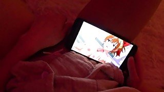 Girl masturbates with big dildo while watching hentai when parents are at home