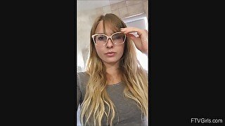 Amateur long haired blonde Angelina puts on makeup in public