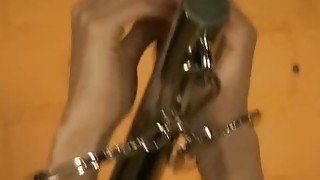 Dominatrix uses her electro wand on her slave