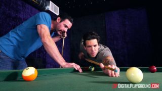 Muscular stallions double penetrate teenie on the pool table