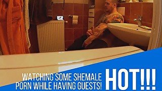 In the bathroom fapping for shemale porn