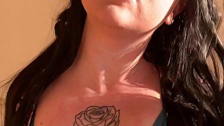 Gorgeous blowjob with a smile from curly brunette at sunny day