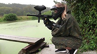 Airsoft game turns into a softcore for two broads