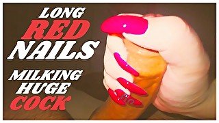 4K Goddess with Long Red Nails handjob, Milking Huge Thick Cock (POV)